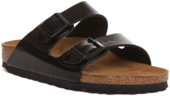 Birkenstock Arizona Sandalo Birko Flor in vernice nera a doppio cinturino da donna