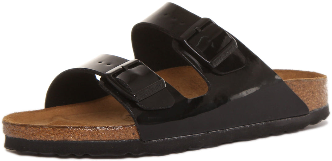 Birkenstock Arizona Sandalo Birko Flor in vernice nera a doppio cinturino da donna