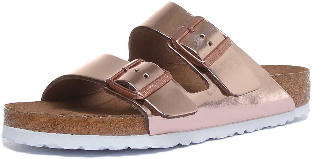 Birkenstock Arizona Sandalo metallico a 2 cinturini con suola morbida da donna in rame