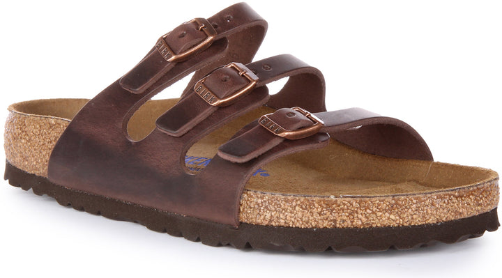 Birkenstock Florida Sandalo in pelle oliata a tre cinturini da donna in marrone scuro