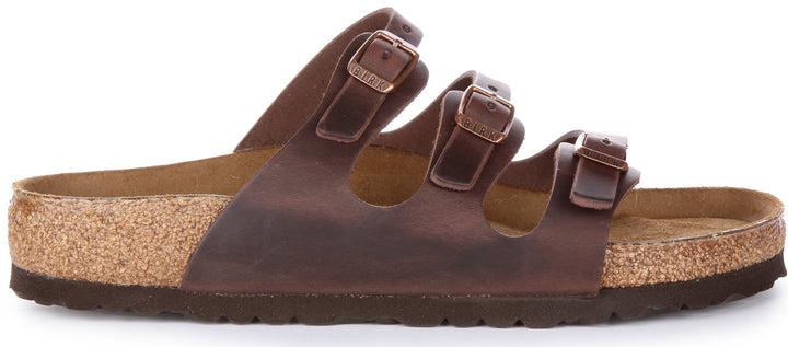 Birkenstock Florida Sandalo in pelle oliata a tre cinturini da donna in marrone scuro