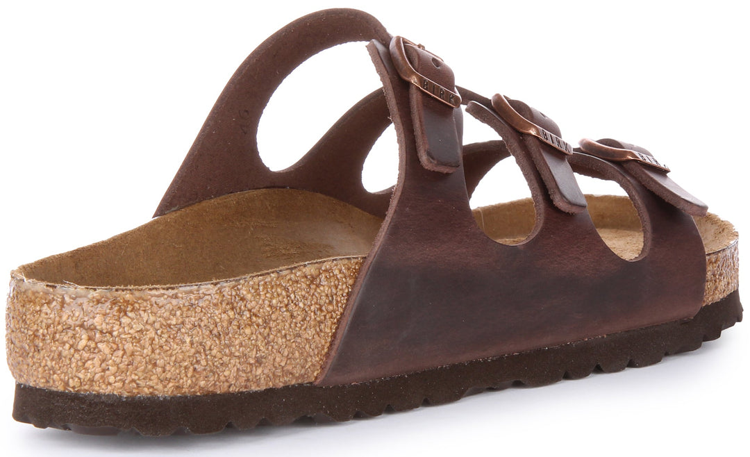 Birkenstock Florida Sandalo in pelle oliata a tre cinturini da donna in marrone scuro