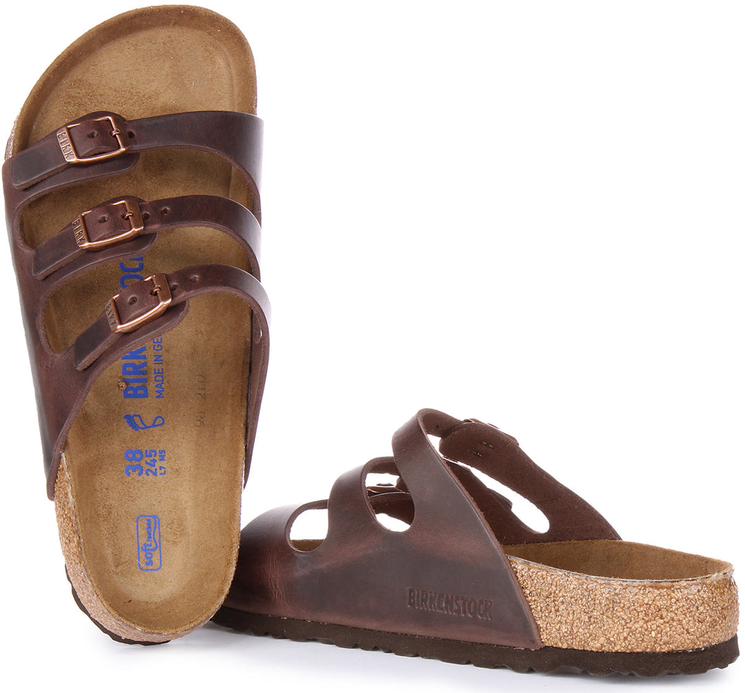 Birkenstock Florida Sandalo in pelle oliata a tre cinturini da donna in marrone scuro