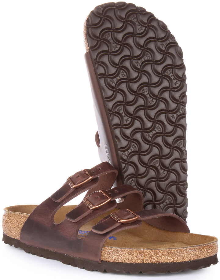 Birkenstock Florida Sandalo in pelle oliata a tre cinturini da donna in marrone scuro
