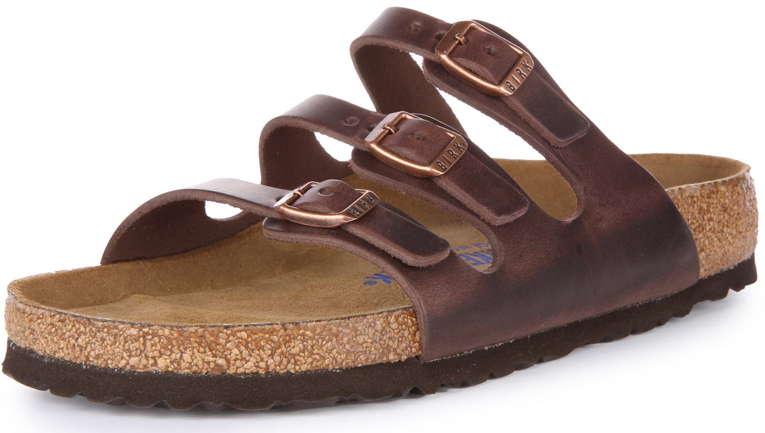 Birkenstock Florida Sandalo in pelle oliata a tre cinturini da donna in marrone scuro