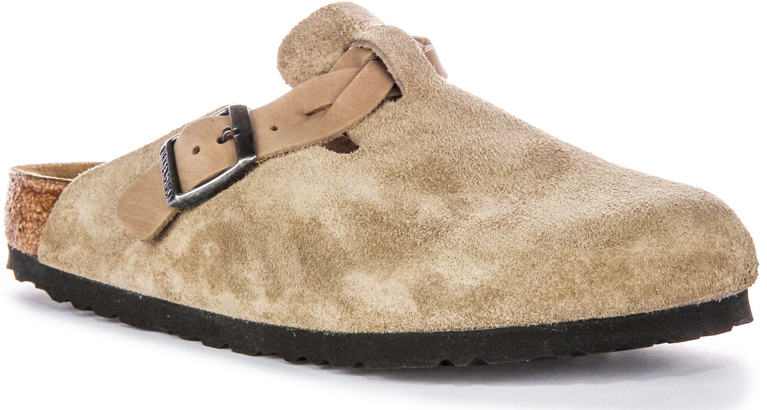 Birkenstock Boston Braided Elegant Pin Sandali Eleganti in Pelle Scamosciata Taupe