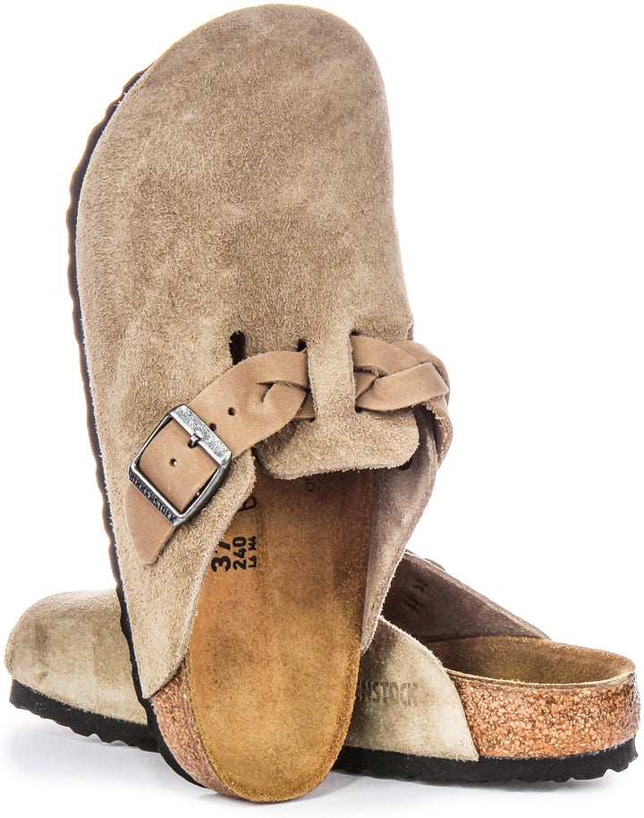 Birkenstock Boston Braided Elegant Pin Sandali Eleganti in Pelle Scamosciata Taupe