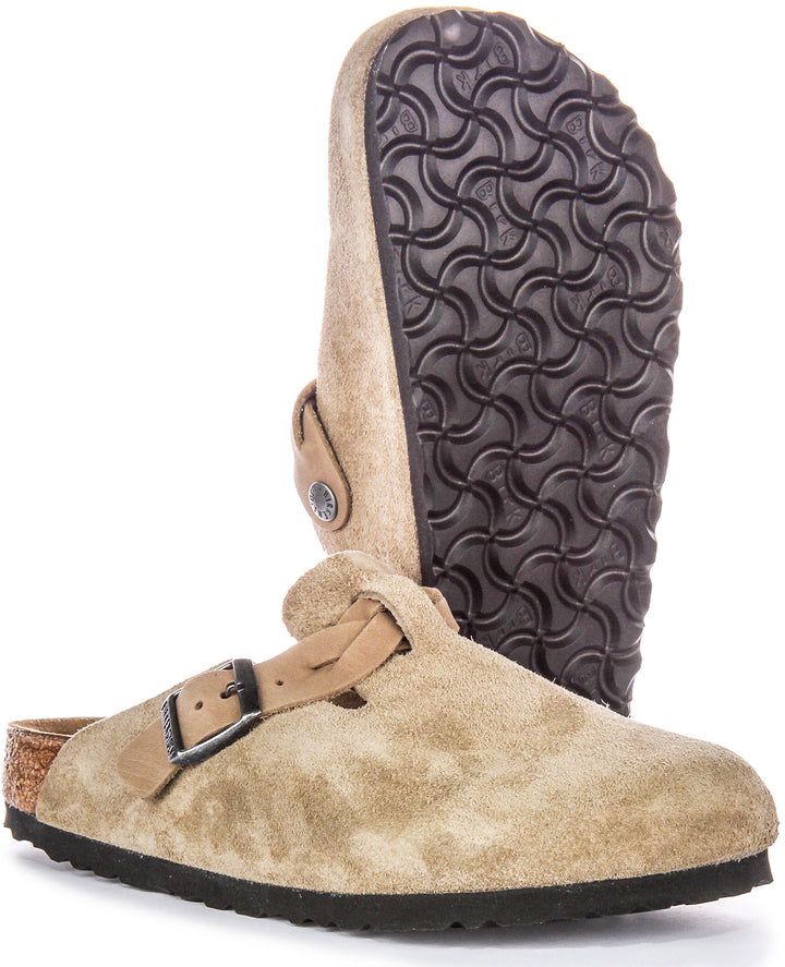 Birkenstock Boston Braided Elegant Pin Sandali Eleganti in Pelle Scamosciata Taupe