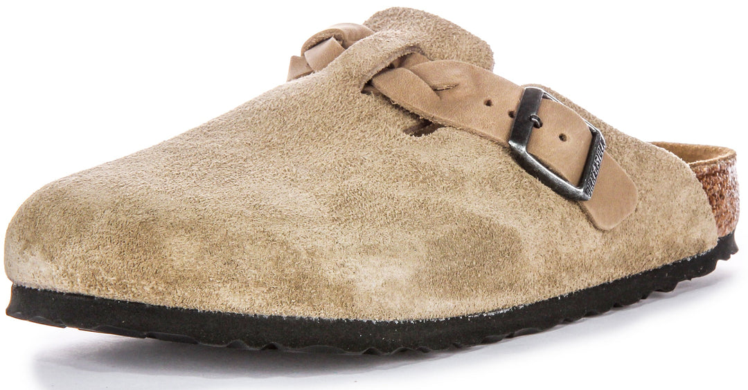Birkenstock Boston Braided Elegant Pin Sandali Eleganti in Pelle Scamosciata Taupe