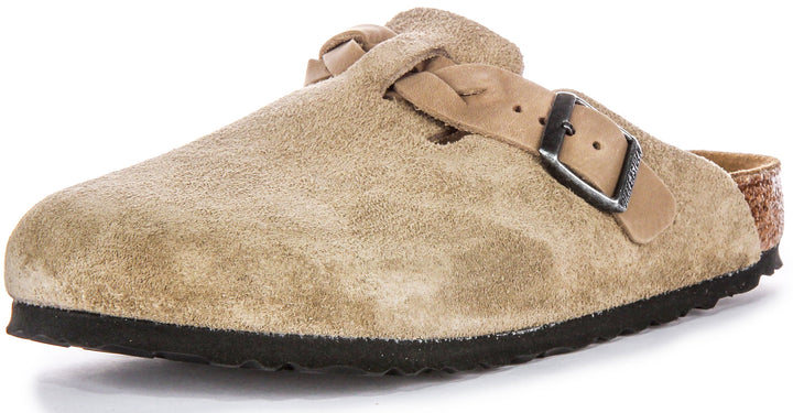 Birkenstock Boston Braided Elegant Pin Sandali Eleganti in Pelle Scamosciata Taupe