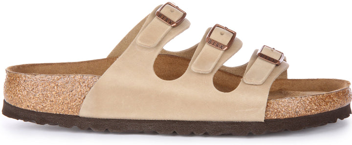 Birkenstock Florida Sandalen van geolied leer met drie bandjes in tabak