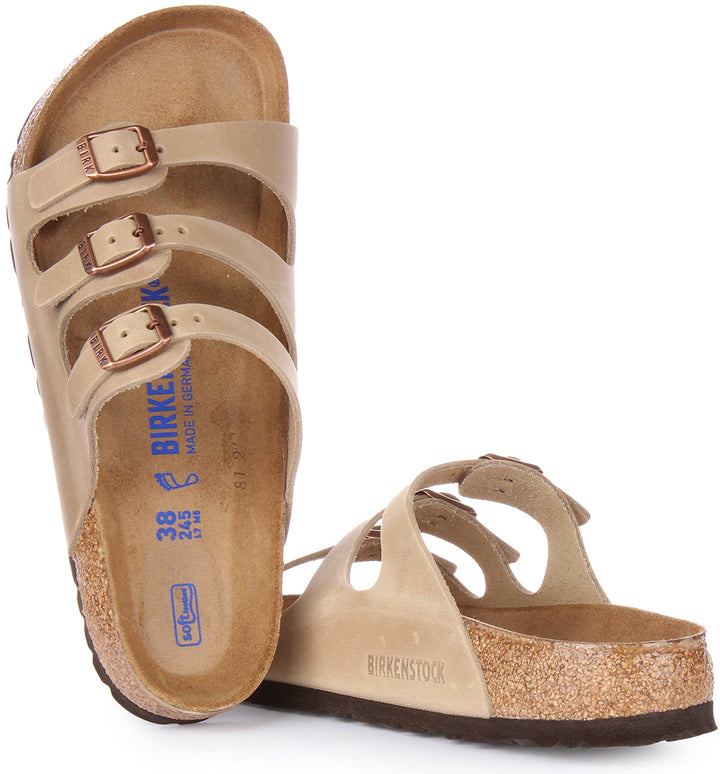 Birkenstock Florida Sandalen van geolied leer met drie bandjes in tabak