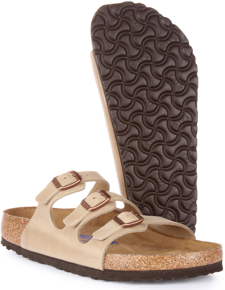 Birkenstock Florida Sandalen van geolied leer met drie bandjes in tabak