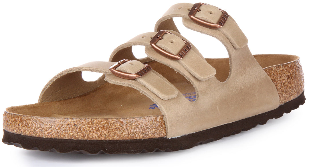 Birkenstock Florida Sandalen van geolied leer met drie bandjes in tabak